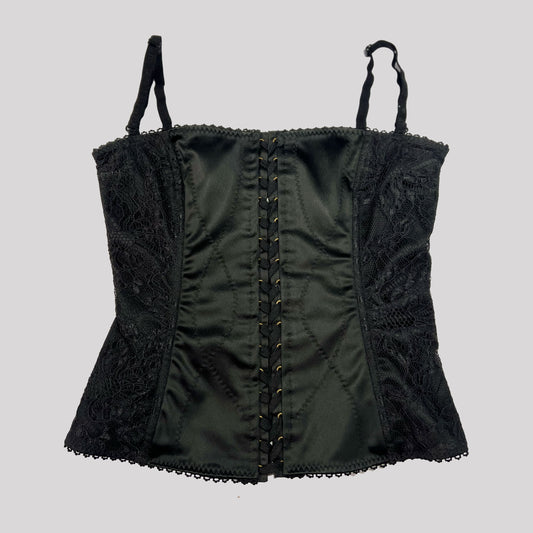 90's Dolce & Gabbana Lace Up Corset in Black Satin & Lace - XS