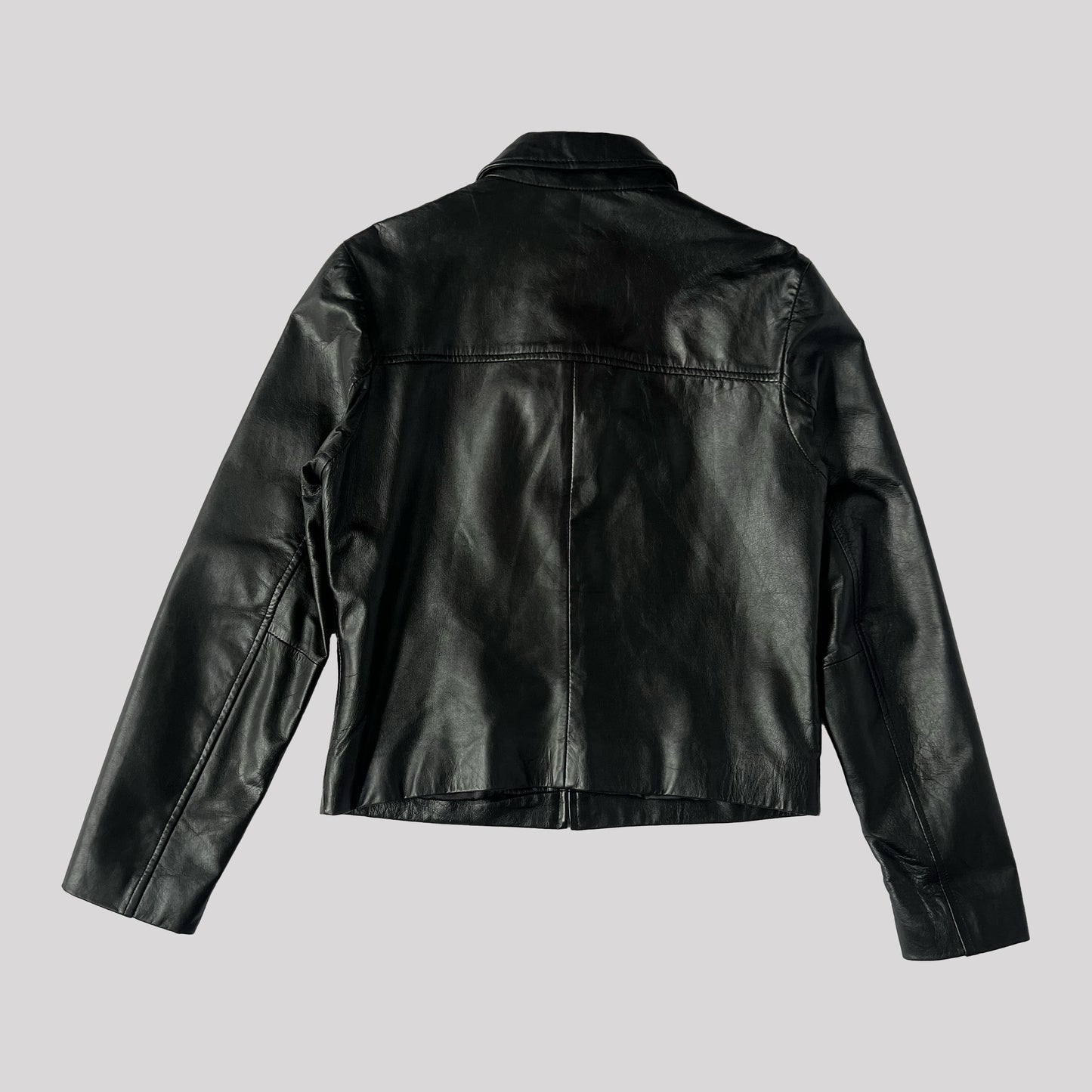 00's Vintage Black Leather Box Jacket with Collar - M