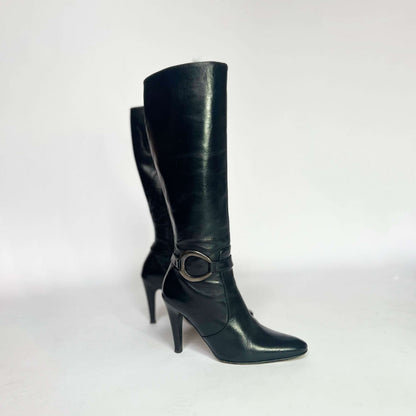 00's Leather Knee High Stiletto Boot with Ring Detail in Black - UK 5