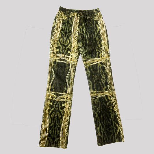 FW 2003 Roberto Cavalli Cheetah & Chain Print Trousers in Khaki - W27"