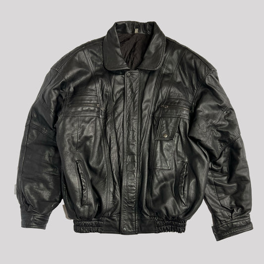 Vintage Leather Bomber Jacket with Utility Pockets in Black - L