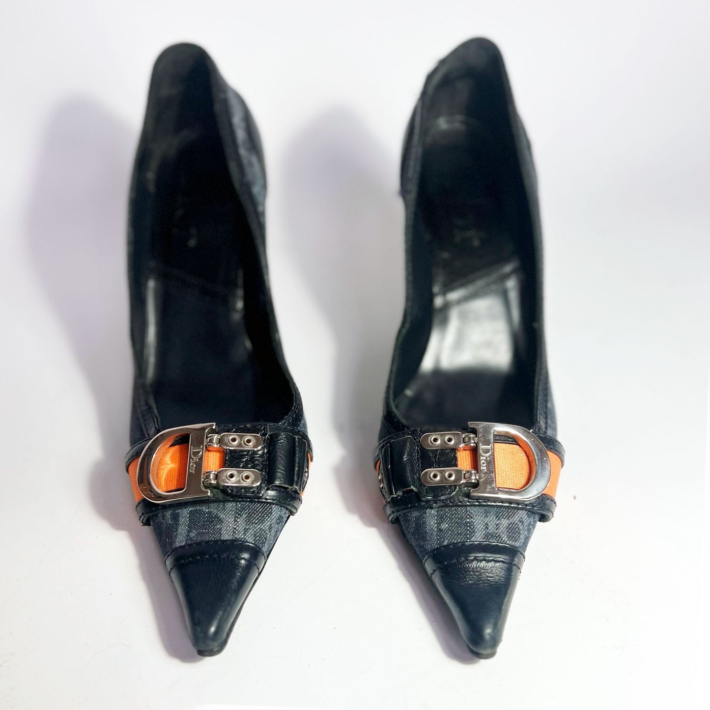 90's Dior Denim Monogram Heel with Orange Strap Detail - EU 40 / UK 7