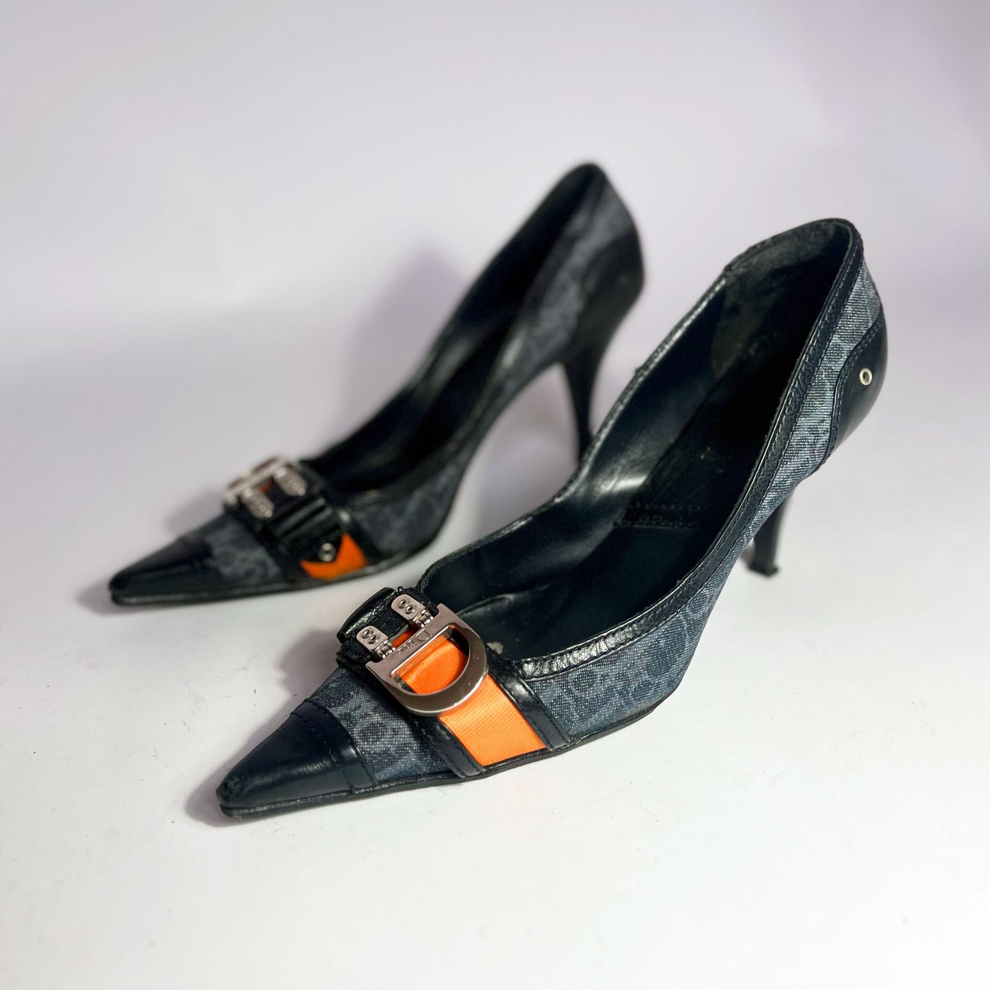 90's Dior Denim Monogram Heel with Orange Strap Detail - EU 40 / UK 7