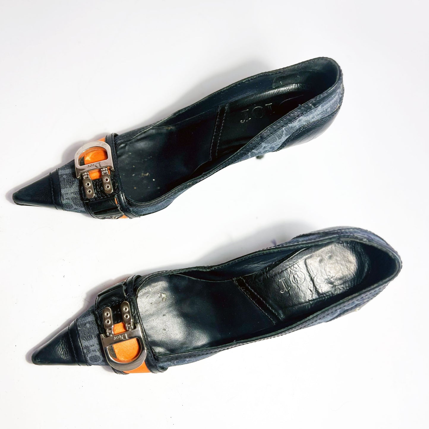 90's Dior Denim Monogram Heel with Orange Strap Detail - EU 40 / UK 7