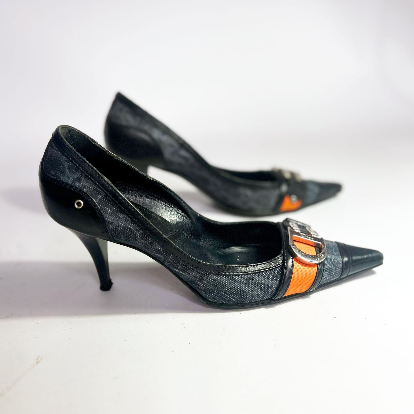 90's Dior Denim Monogram Heel with Orange Strap Detail - EU 40 / UK 7