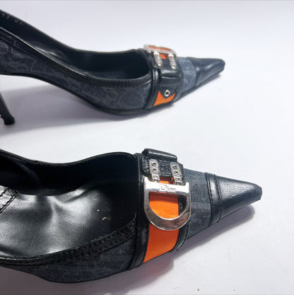 90's Dior Denim Monogram Heel with Orange Strap Detail - EU 40 / UK 7