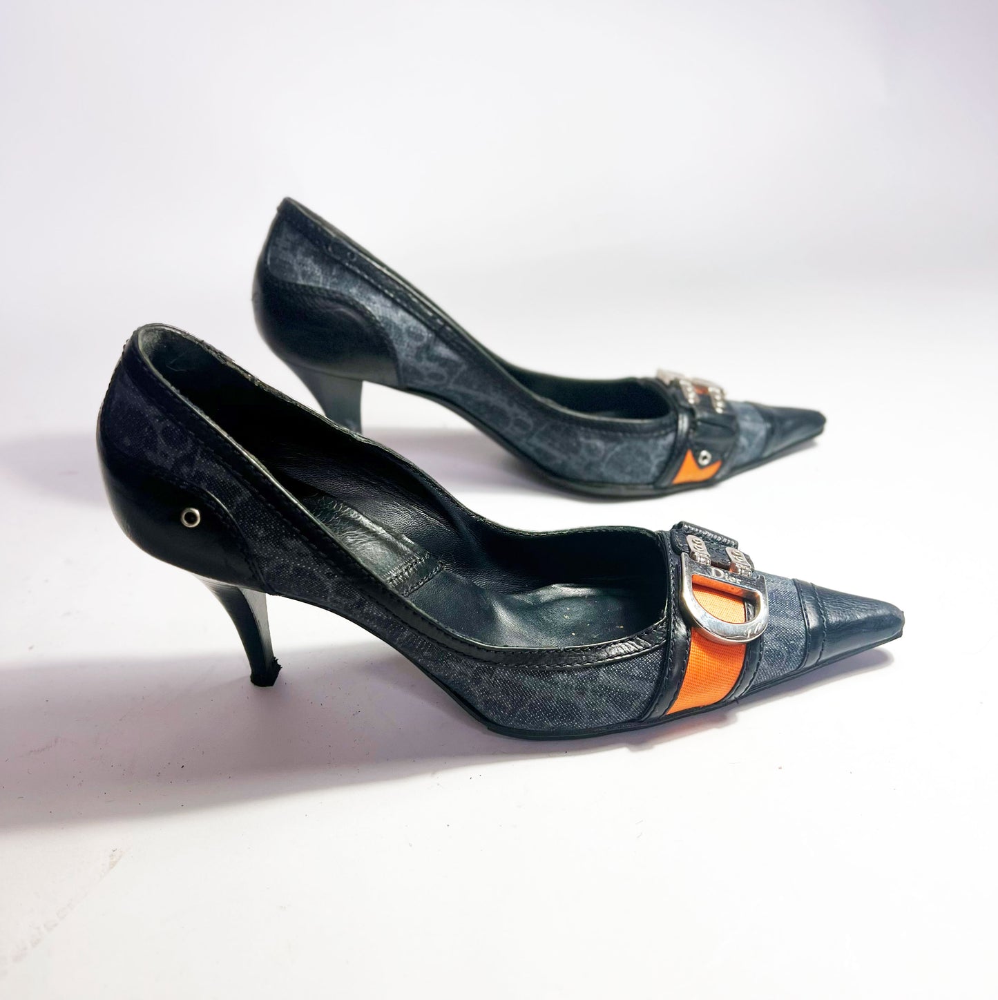 90's Dior Denim Monogram Heel with Orange Strap Detail - EU 40 / UK 7