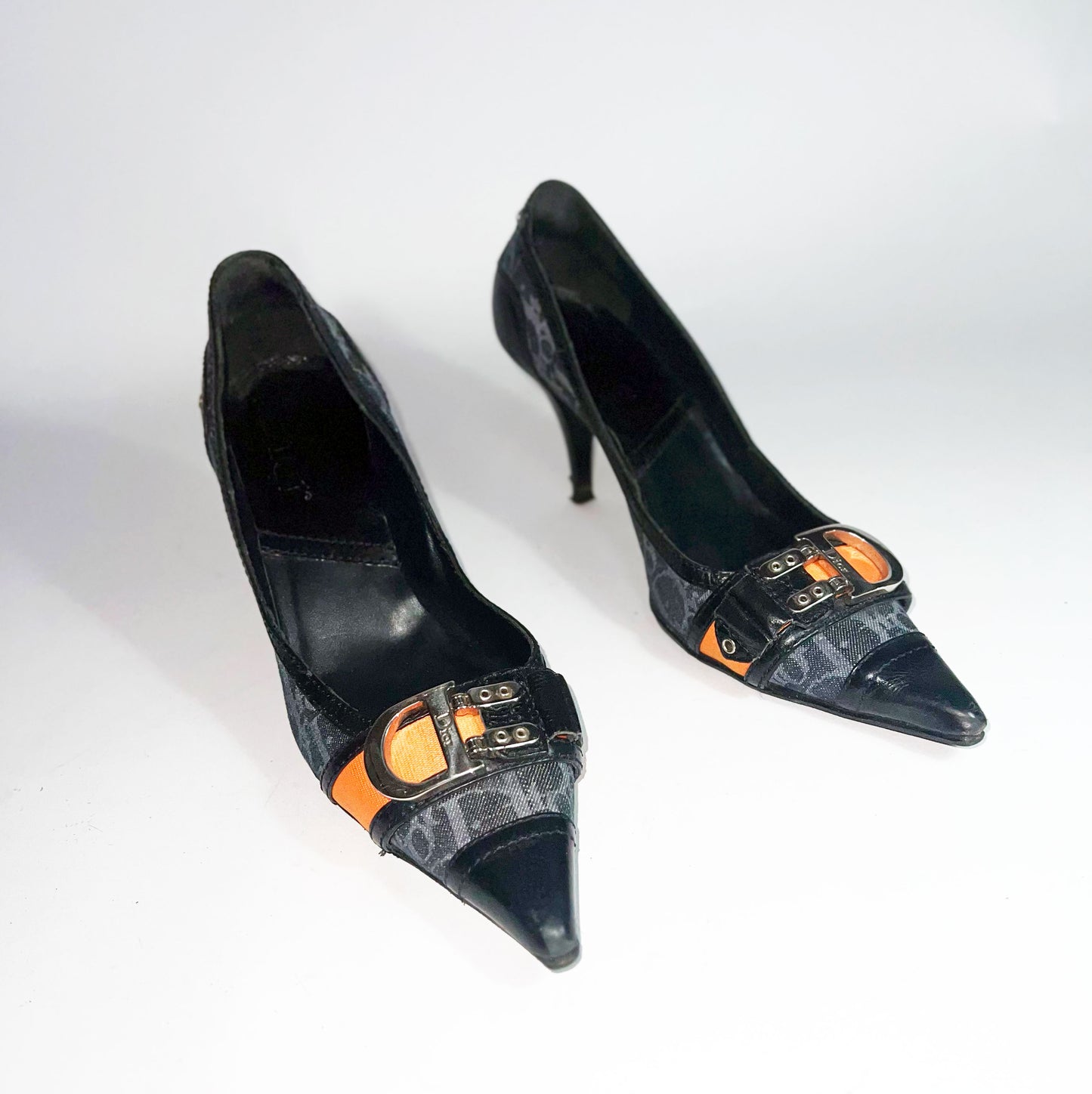 90's Dior Denim Monogram Heel with Orange Strap Detail - EU 40 / UK 7