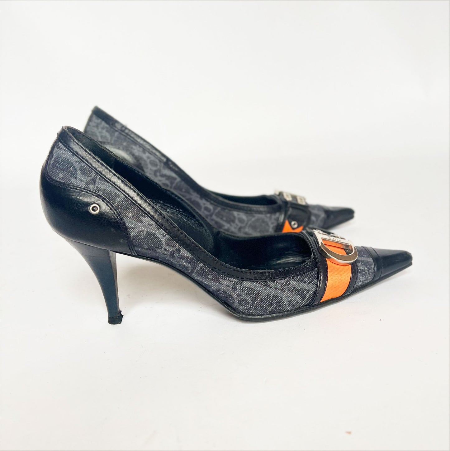 90's Dior Denim Monogram Heel with Orange Strap Detail - EU 40 / UK 7