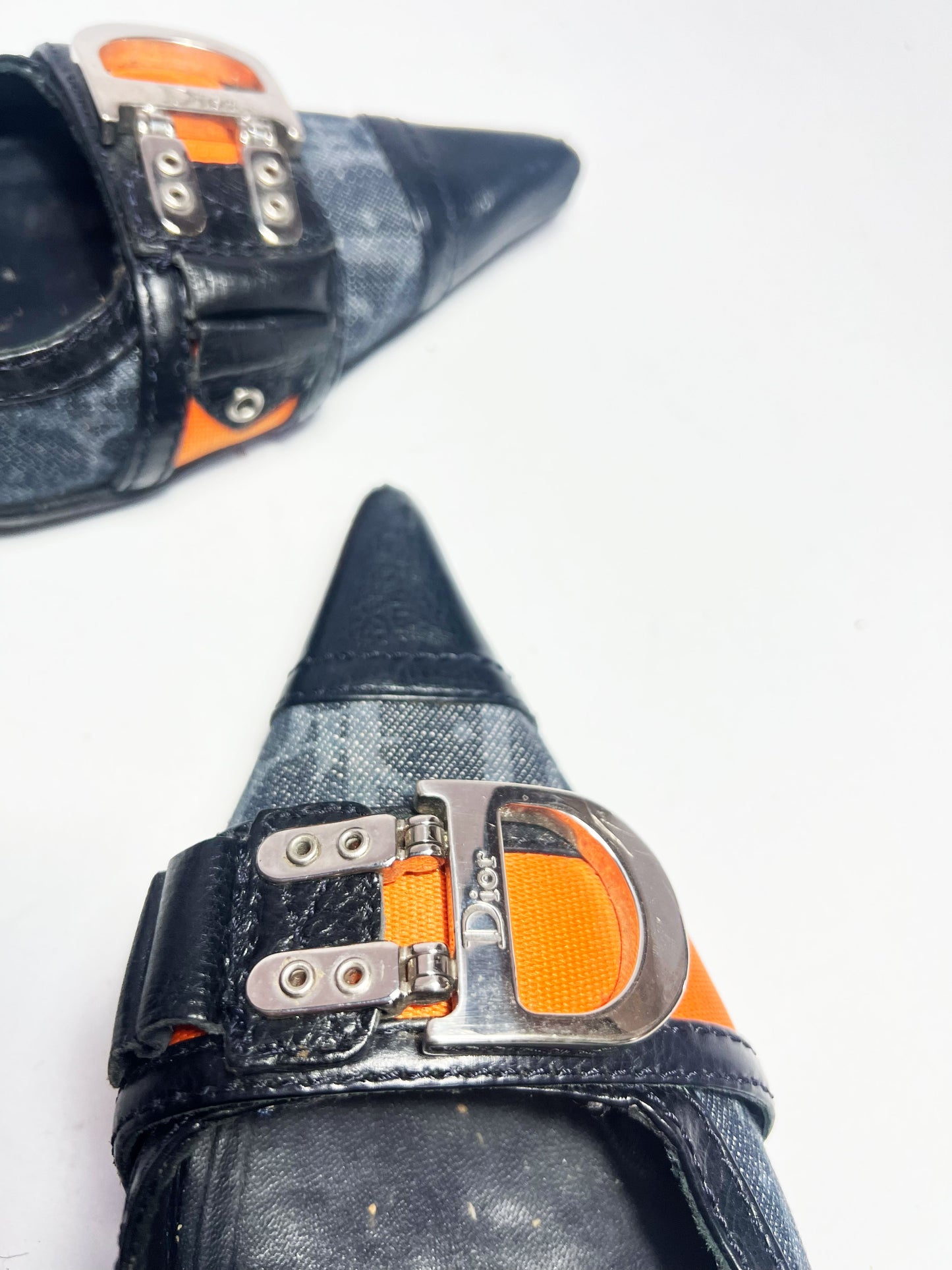 90's Dior Denim Monogram Heel with Orange Strap Detail - EU 40 / UK 7