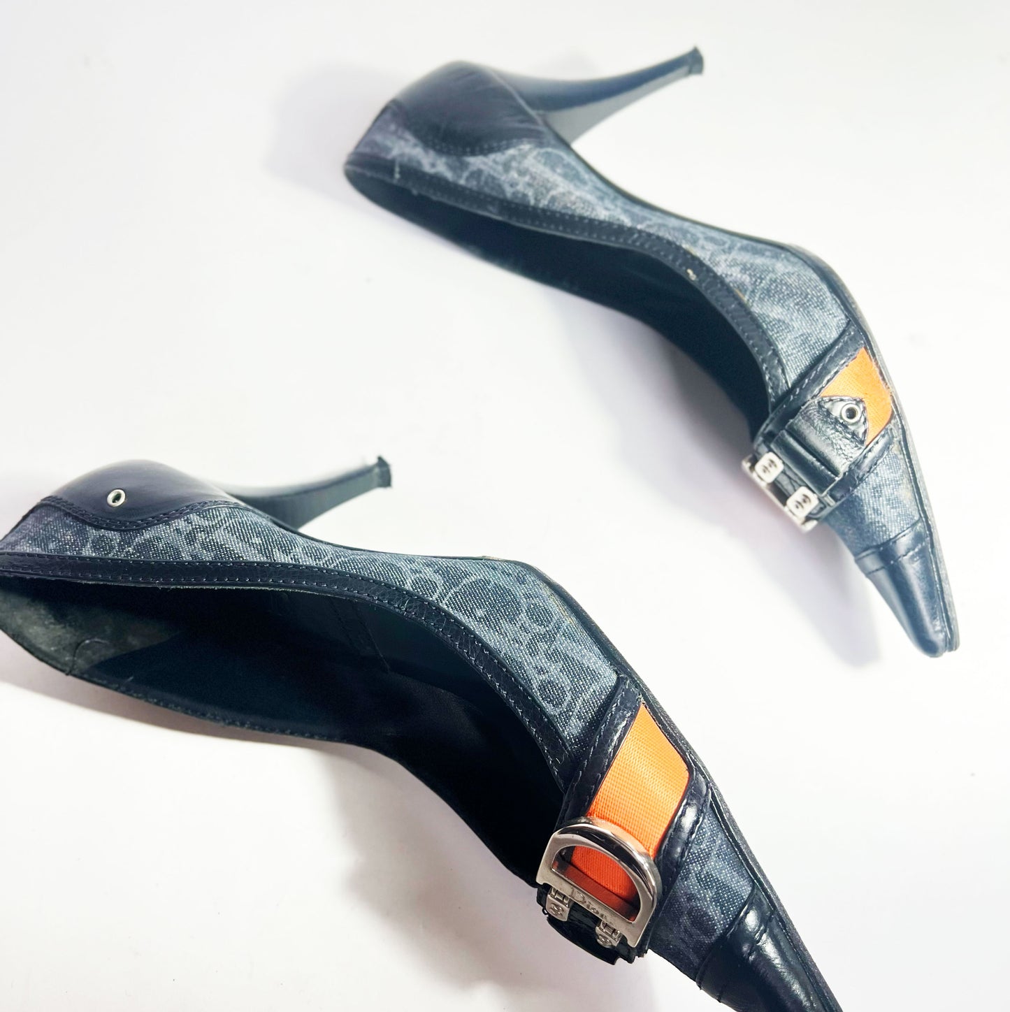 90's Dior Denim Monogram Heel with Orange Strap Detail - EU 40 / UK 7