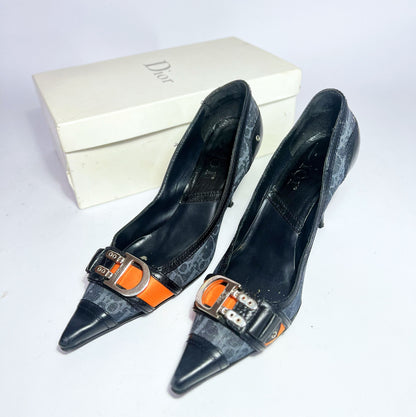 90's Dior Denim Monogram Heel with Orange Strap Detail - EU 40 / UK 7