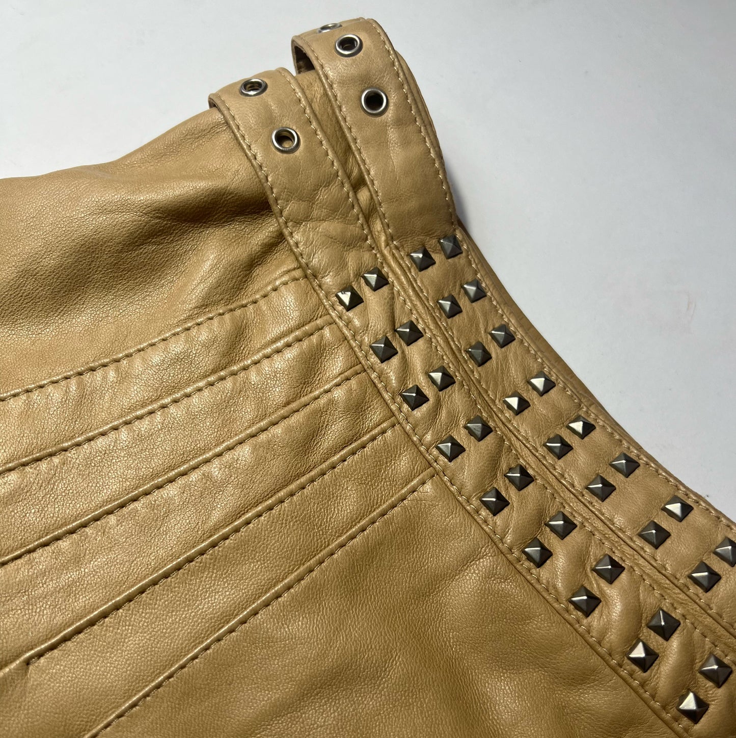 90's Vintage Versace Leather Pleated Mini Skirt with Studded Belt Detail in Tan - M/L