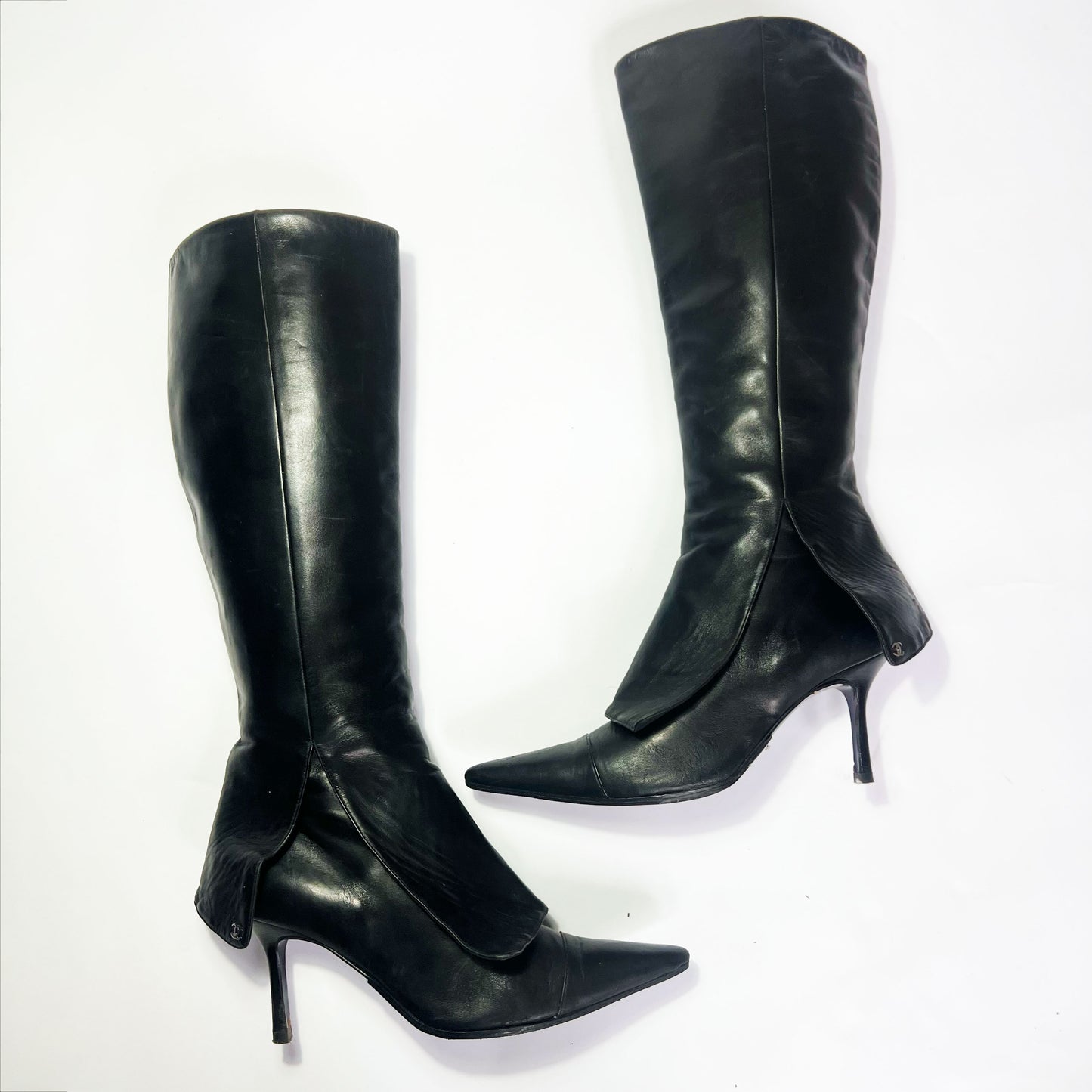 Vintage Chanel Leather Knee High Stiletto Boots with Fold Detail - UK 7