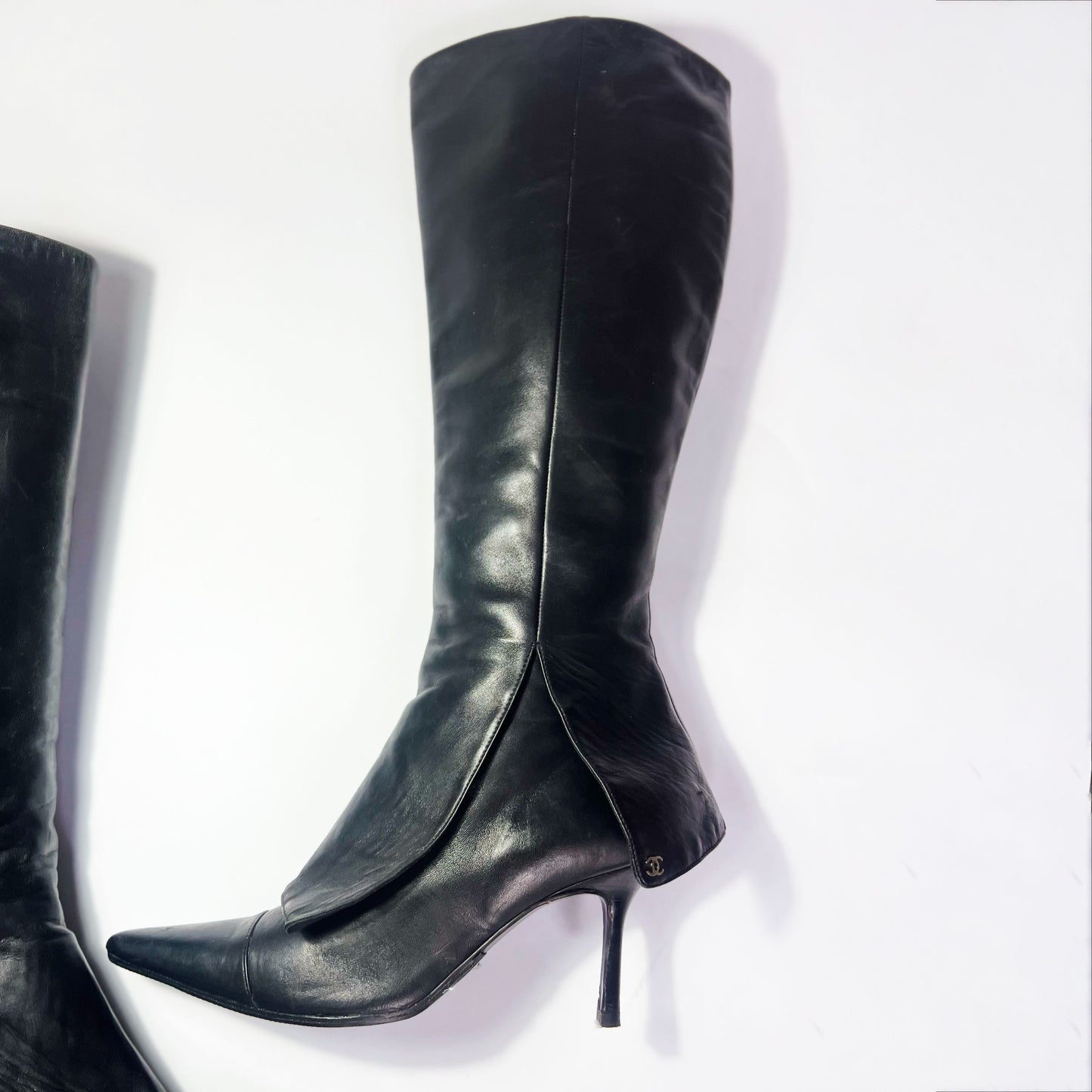 Vintage Chanel Leather Knee High Stiletto Boots with Fold Detail - UK 7