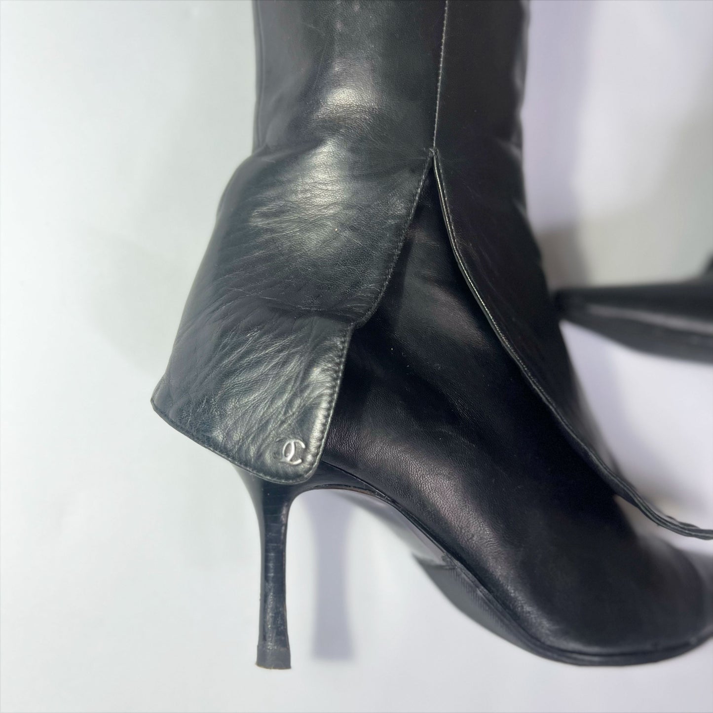 Vintage Chanel Leather Knee High Stiletto Boots with Fold Detail - UK 7