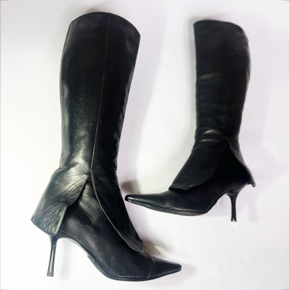 Vintage Chanel Leather Knee High Stiletto Boots with Fold Detail - UK 7