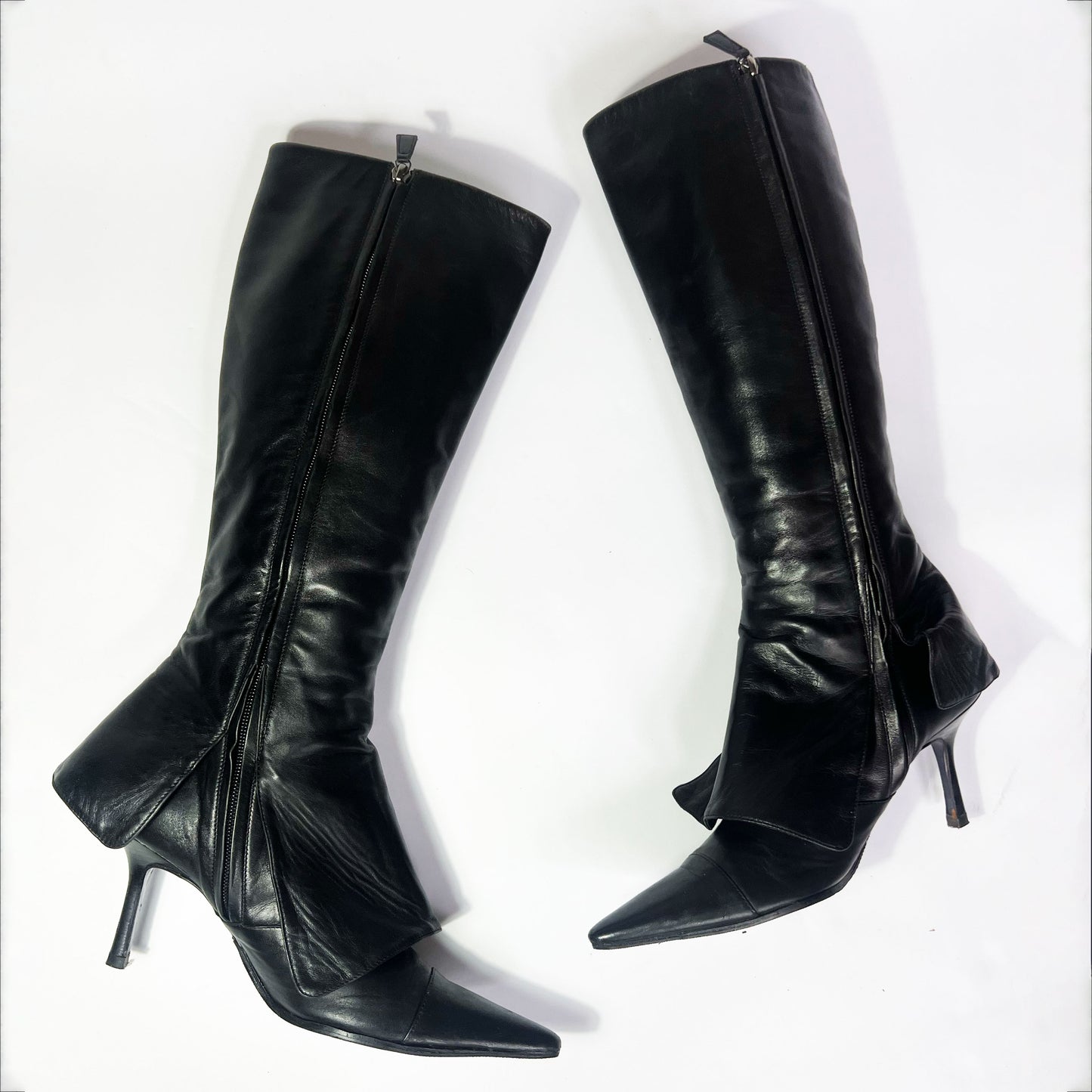 Vintage Chanel Leather Knee High Stiletto Boots with Fold Detail - UK 7