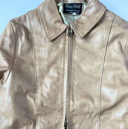 90's Vintage Leather Fitted Bomber Jacket with Doubleway Zip in Tan - M