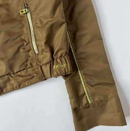 00's Miss Sixty Nylon Bomber Jacket in Khaki with Lime Green Detailing - L