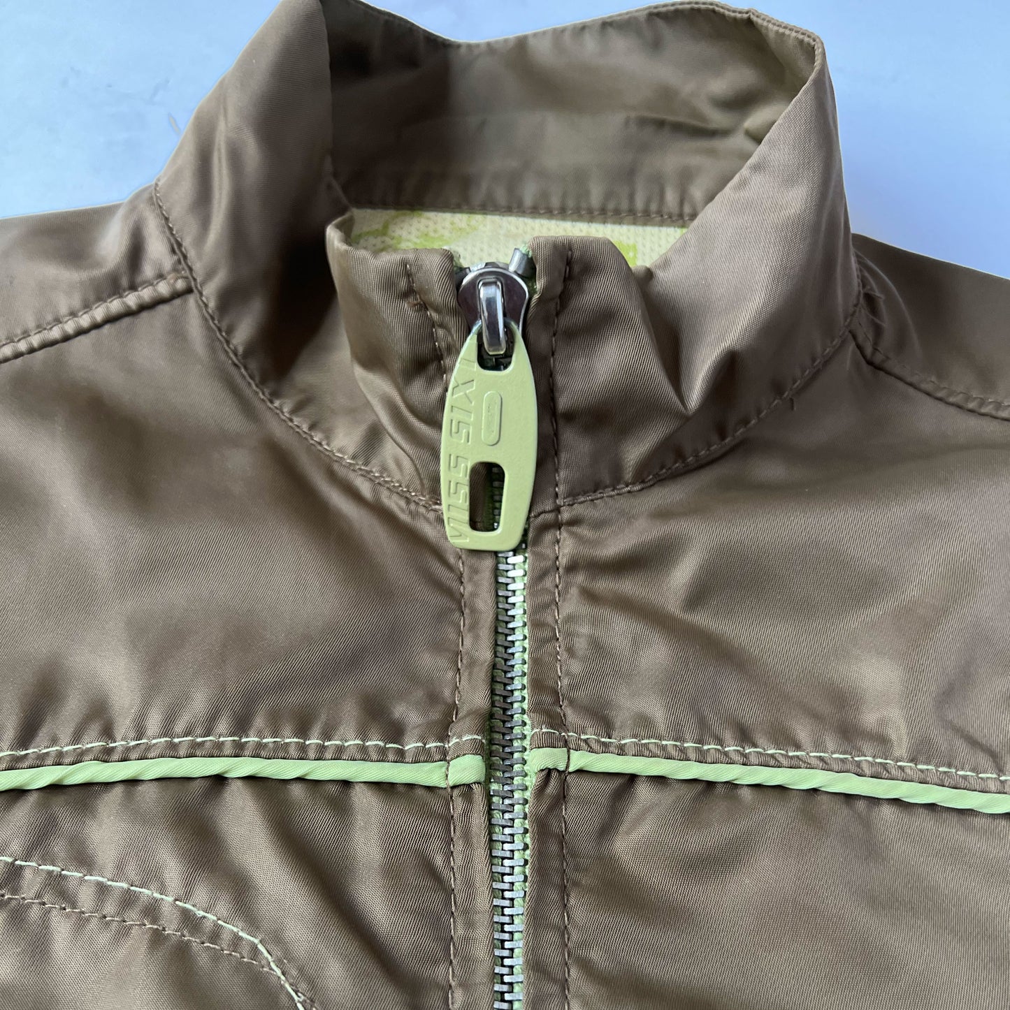 00's Miss Sixty Nylon Bomber Jacket in Khaki with Lime Green Detailing - L