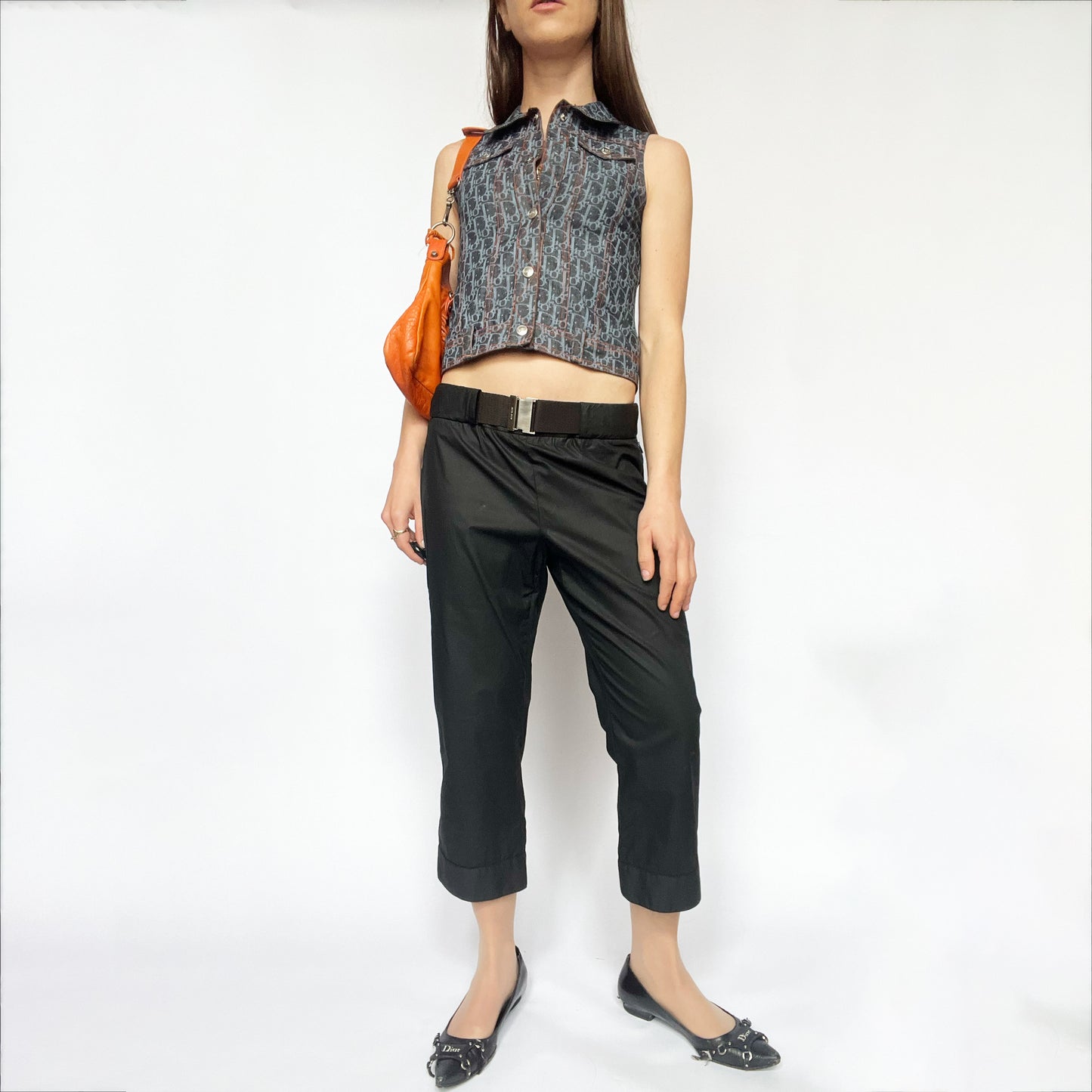 90's Miu Miu Cropped Trousers with Clip Belt in Black - S