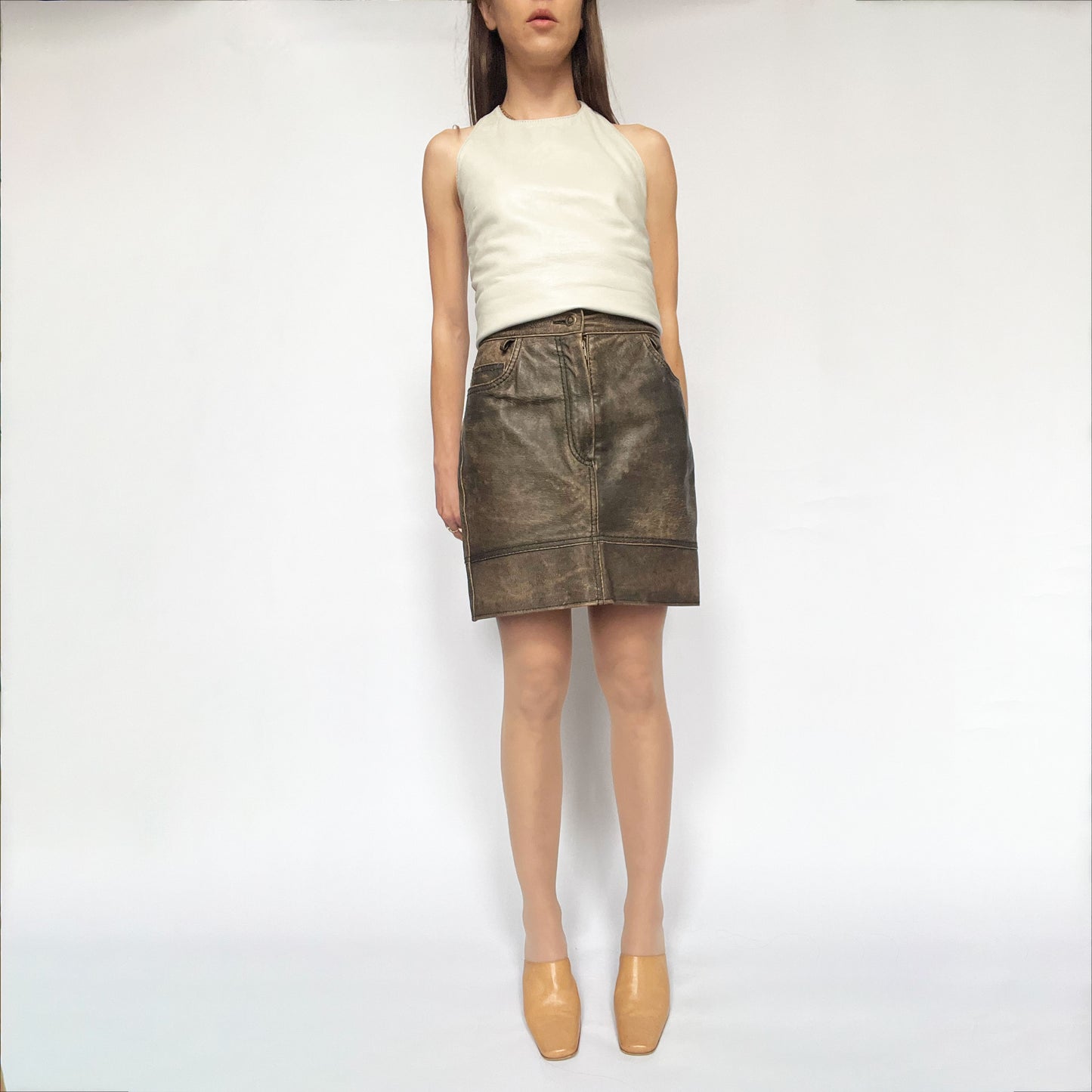 80's Moschino Leather Pencil Skirt in Brown - XS