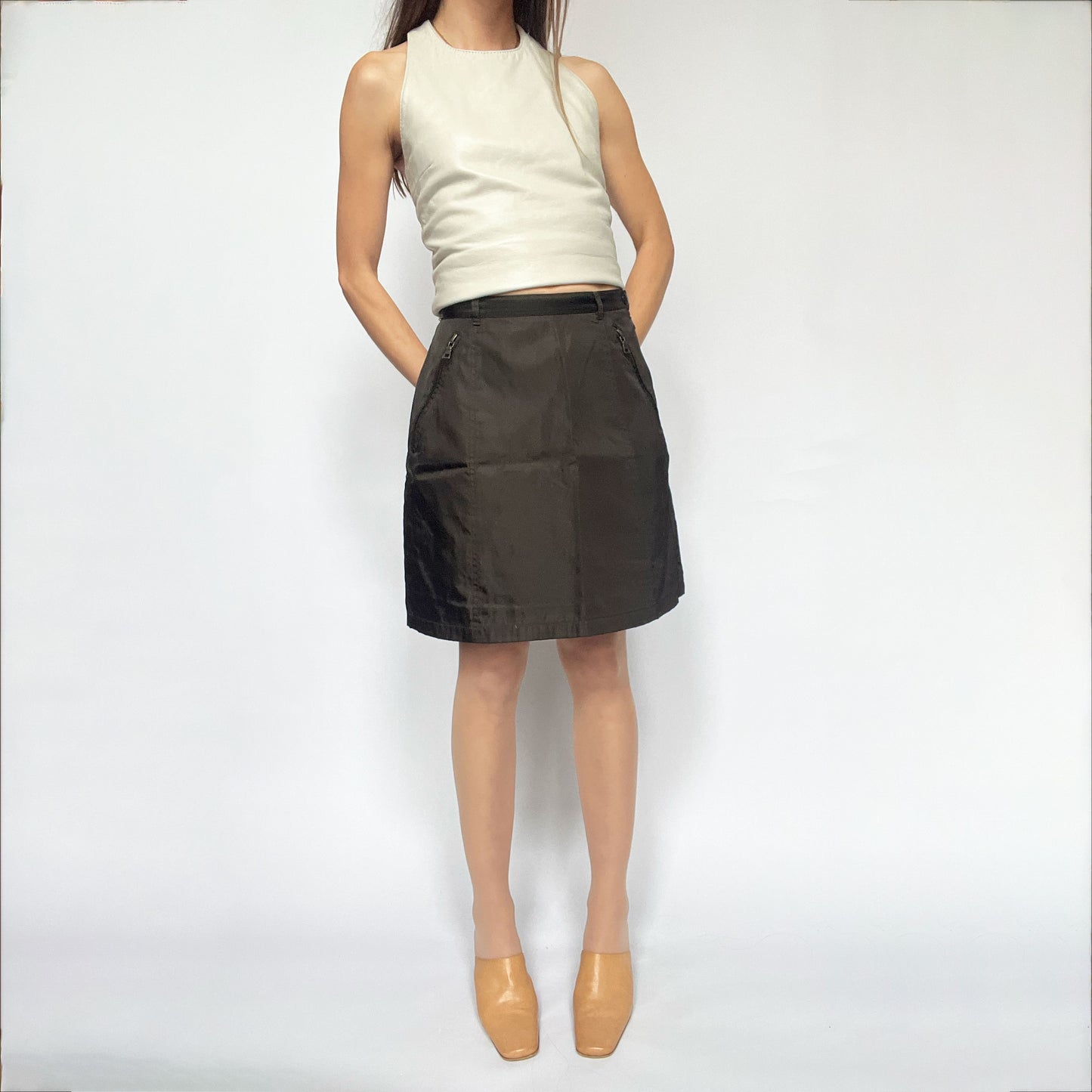 Vintage Prada Nylon A-line Skirt with Belt in Brown - w25"