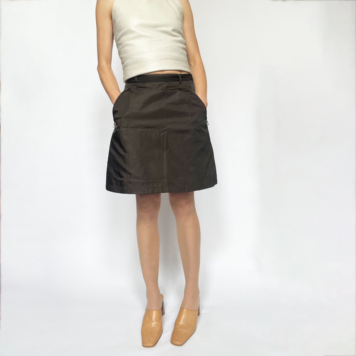 Vintage Prada Nylon A-line Skirt with Belt in Brown - w25"