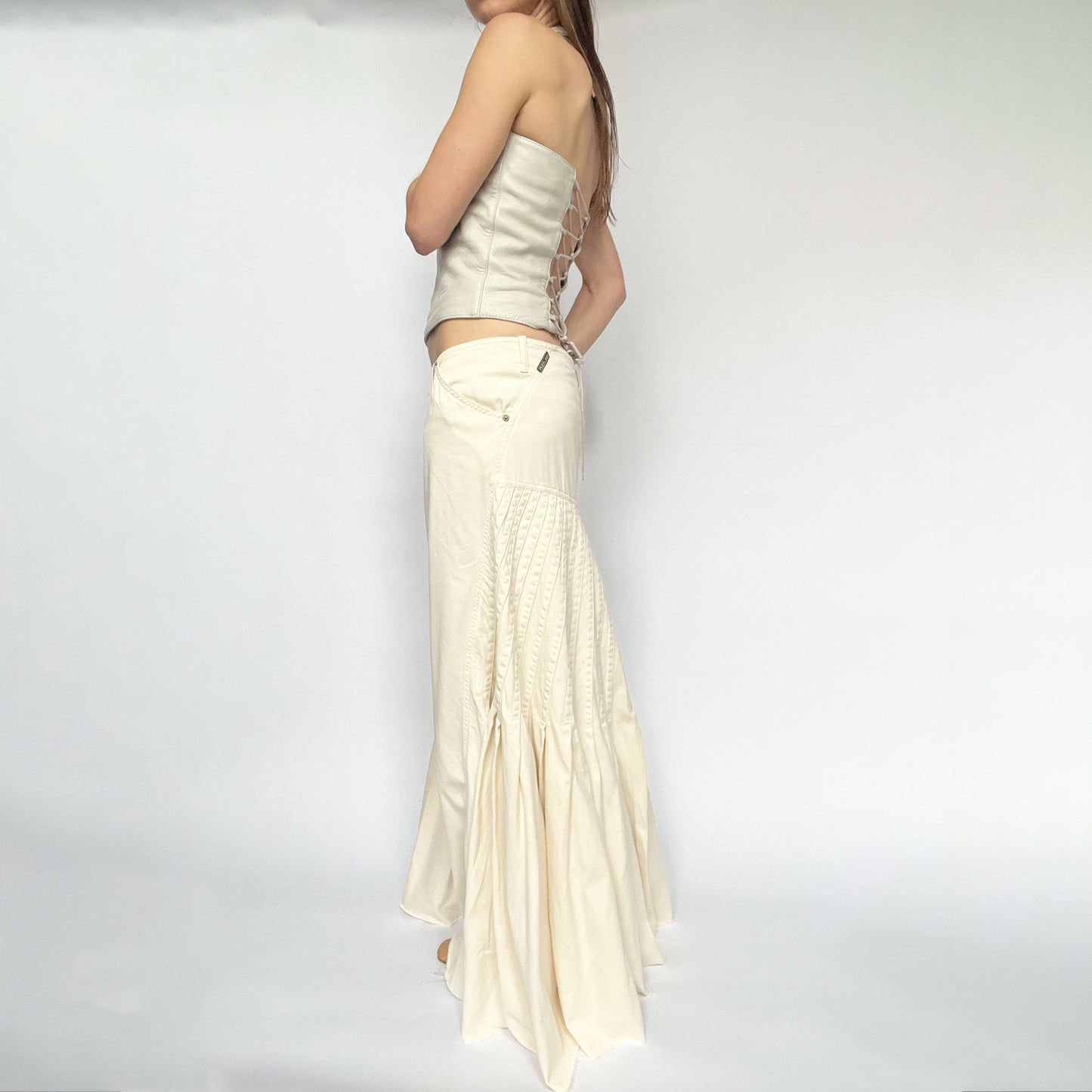 00's Plein Sud Low Rise Pleated Maxi Skirt with Cream - M