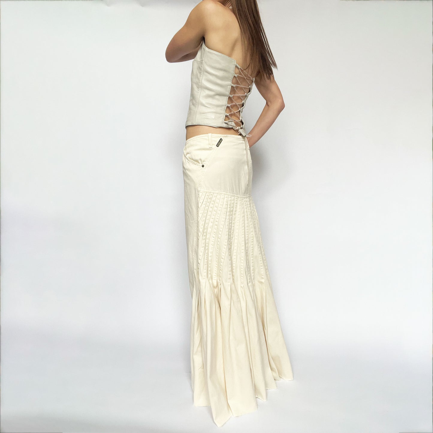 00's Plein Sud Low Rise Pleated Maxi Skirt with Cream - M