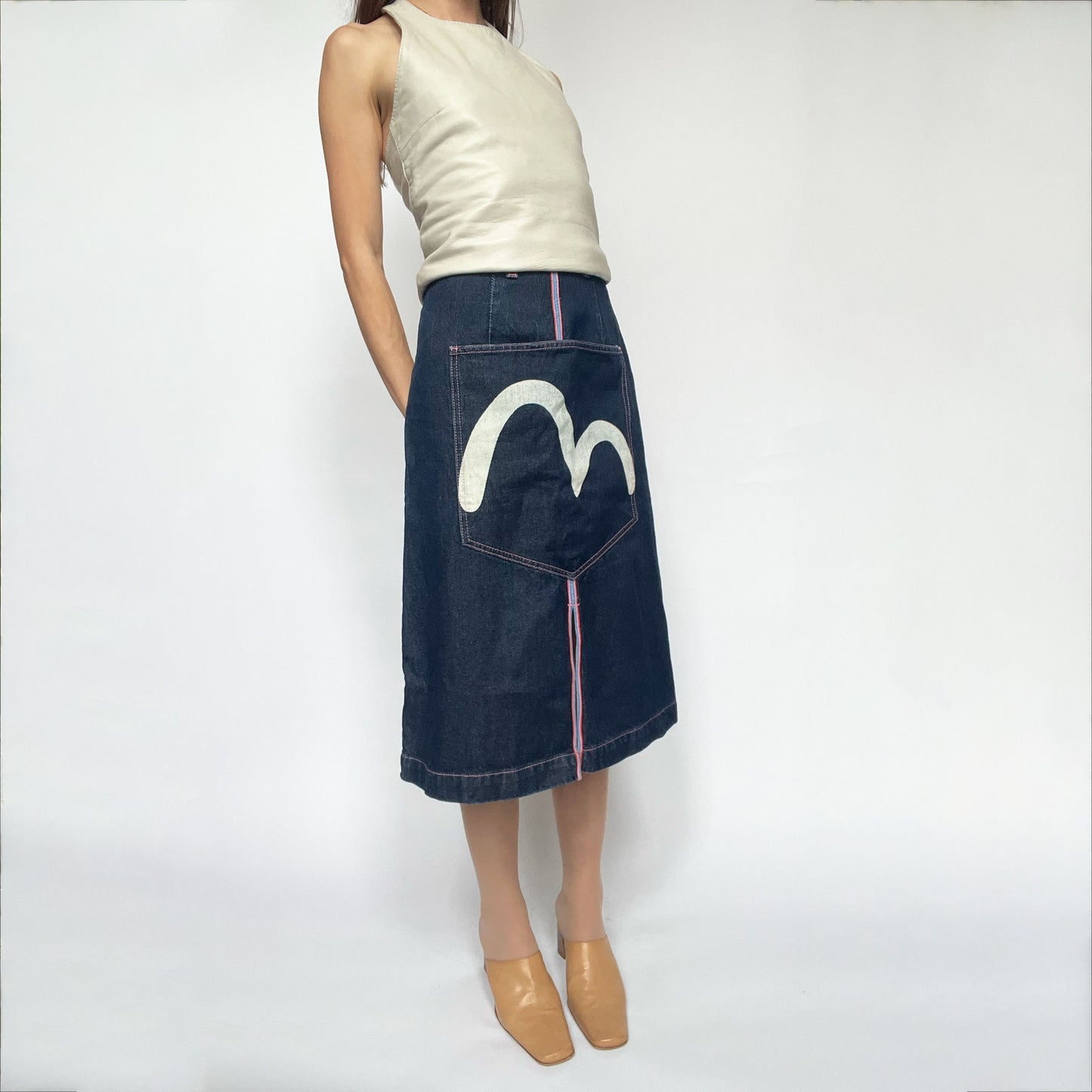 Vintage Evisu Donna Denim Midi Skirt with Kangaroo Pocket  - XS