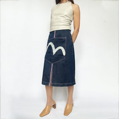 Vintage Evisu Donna Denim Midi Skirt with Kangaroo Pocket  - XS