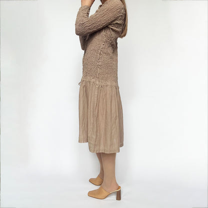 Vintage Issey Miyake Cauliflour Dress with Longsleeves in Light Brown - M/L