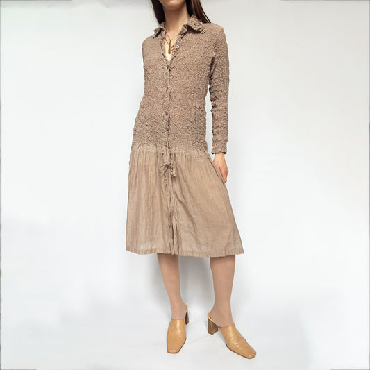 Vintage Issey Miyake Cauliflour Dress with Longsleeves in Light Brown - M/L