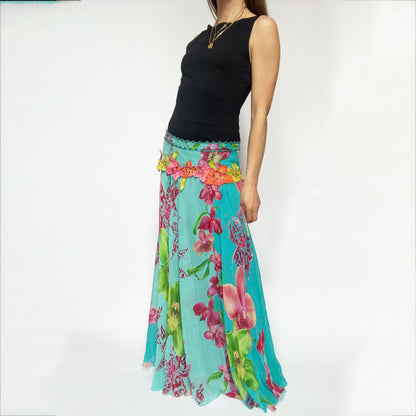 00's Silk Maxi Skirt in Blue Floral Print with Applique Flower Waist - S