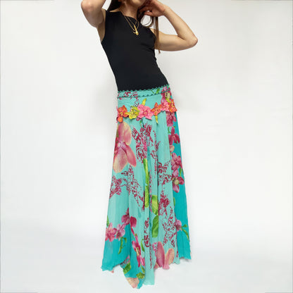 00's Silk Maxi Skirt in Blue Floral Print with Applique Flower Waist - S