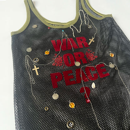 Vintage Embellished Fishnet Vest with "War or Peace?" Graphic and Charms in Black / Khaki