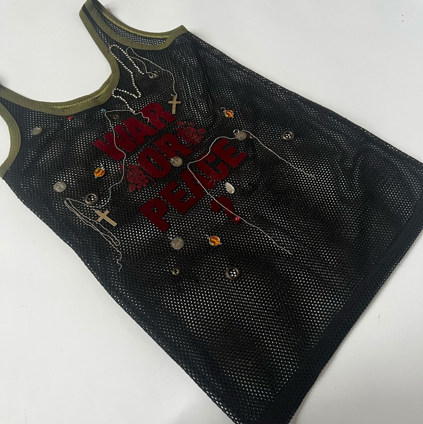 Vintage Embellished Fishnet Vest with "War or Peace?" Graphic and Charms in Black / Khaki