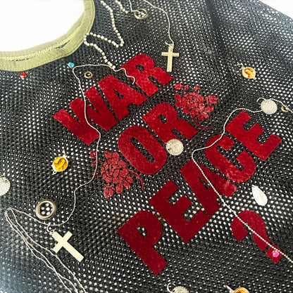 Vintage Embellished Fishnet Vest with "War or Peace?" Graphic and Charms in Black / Khaki