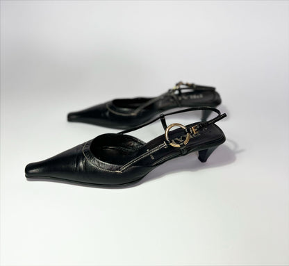 90's Prada Slingback Kitten Heels with Gold Buckle in Black Leather - EU 38