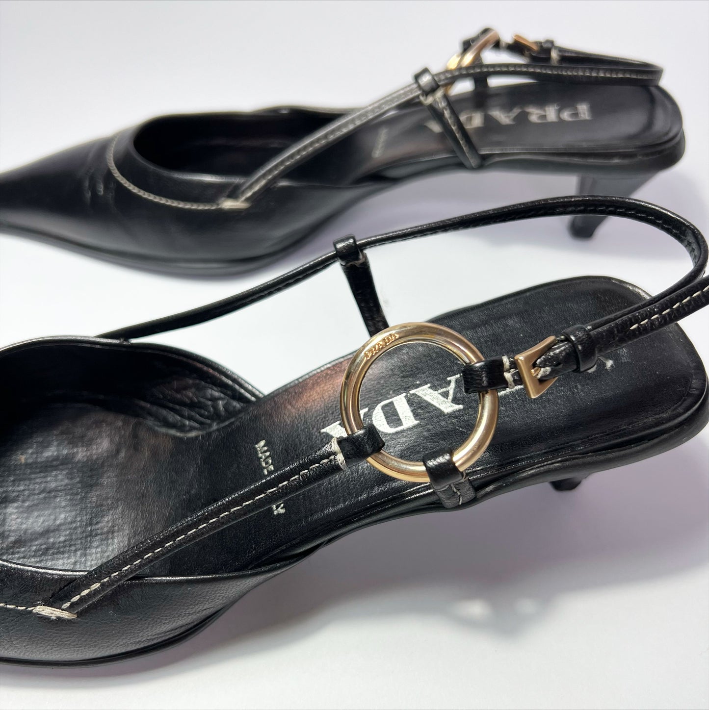 90's Prada Slingback Kitten Heels with Gold Buckle in Black Leather - EU 38