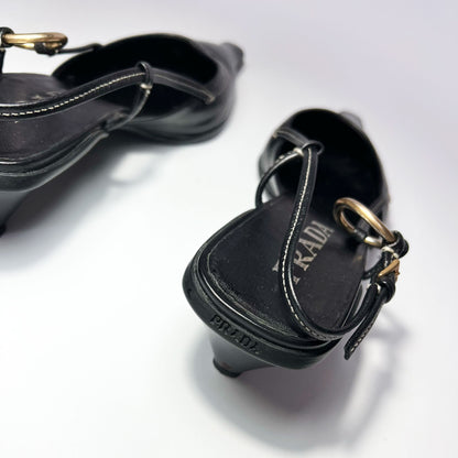 90's Prada Slingback Kitten Heels with Gold Buckle in Black Leather - EU 38