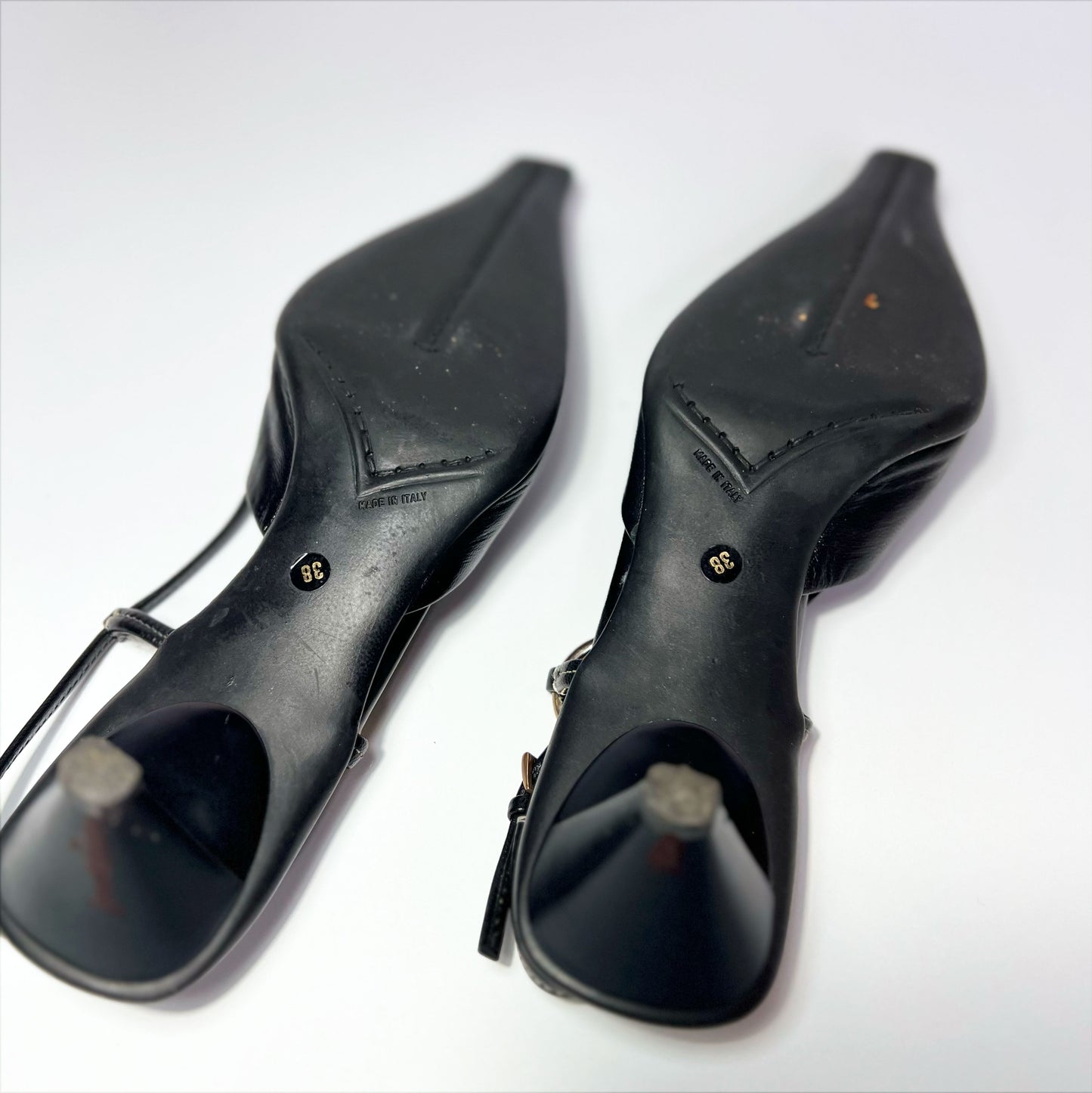 90's Prada Slingback Kitten Heels with Gold Buckle in Black Leather - EU 38