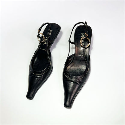 90's Prada Slingback Kitten Heels with Gold Buckle in Black Leather - EU 38