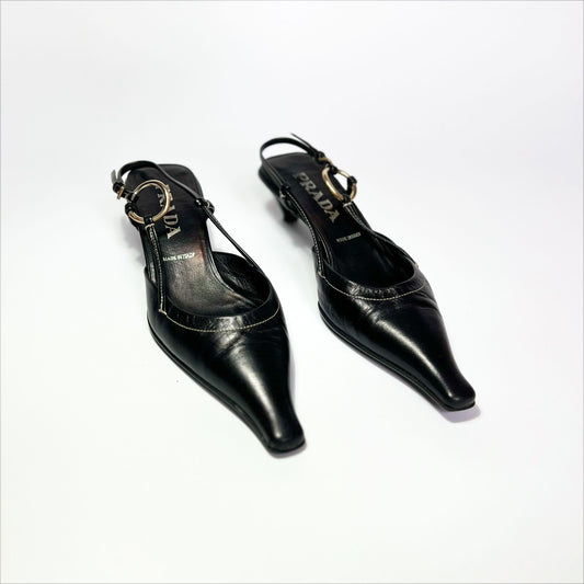 90's Prada Slingback Kitten Heels with Gold Buckle in Black Leather - EU 38