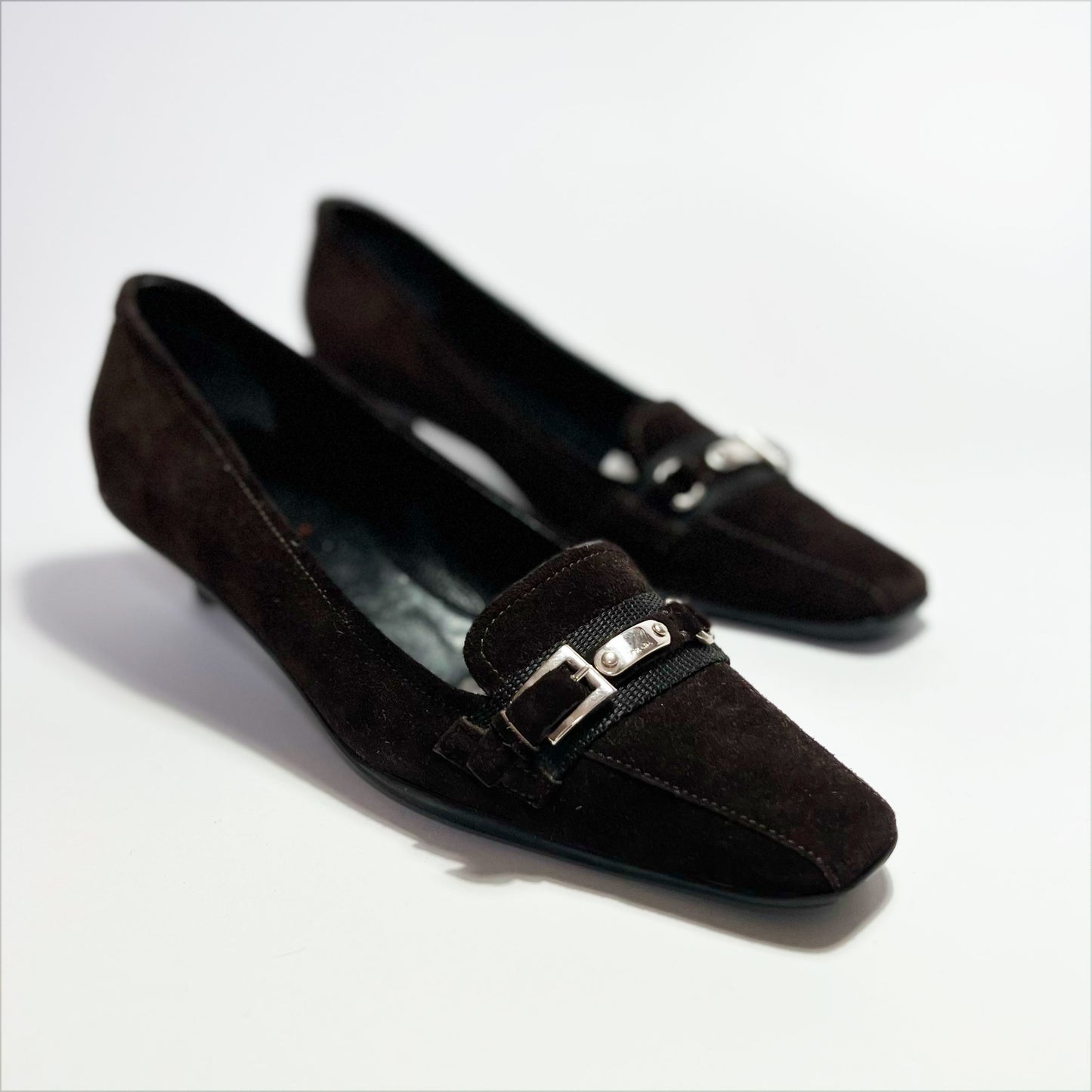 90's Prada Sport Kitten Heels with Buckle in Brown Suede - EU 38 / UK 5.5