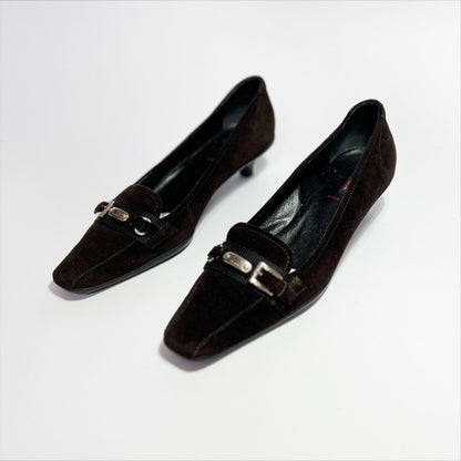 90's Prada Sport Kitten Heels with Buckle in Brown Suede - EU 38 / UK 5.5