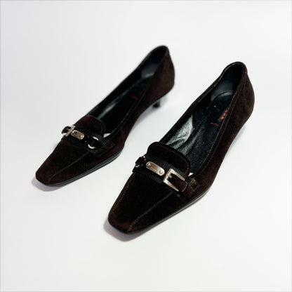 90's Prada Sport Kitten Heels with Buckle in Brown Suede - EU 38 / UK 5.5