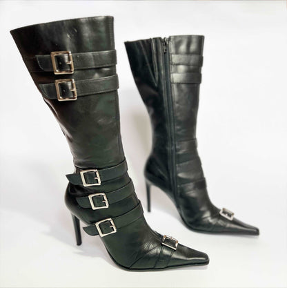 00's Bronx Leather Knee High Stilleto Boots with Buckles in Black - EU 38 / UK 5.5